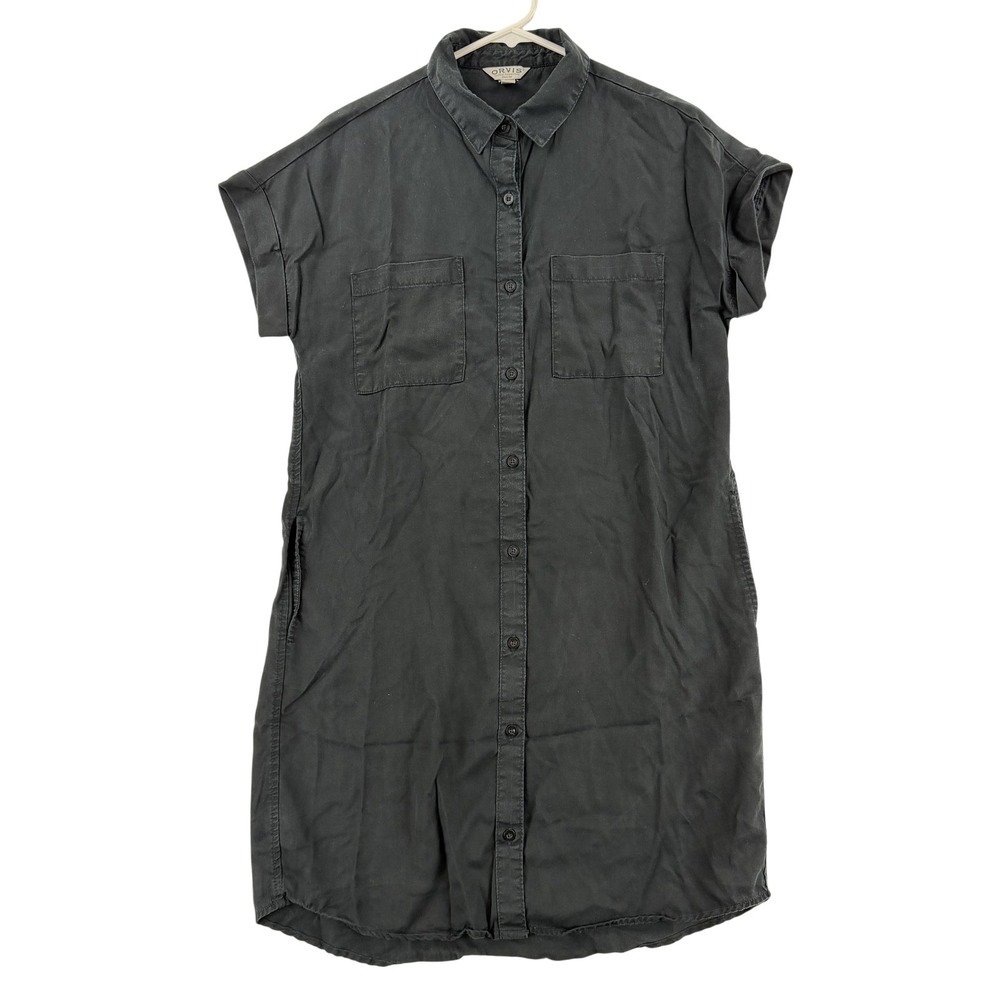 Orvis Shirt Dress Womens Small Black Short Sleeve Button Front Pockets Lyocell